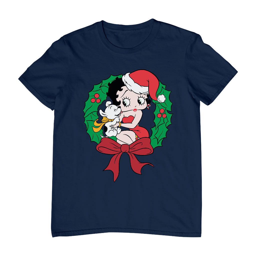 Betty Boop Christmas Pudgy Wreath Men's T-Shirt-Betty Boop Shop