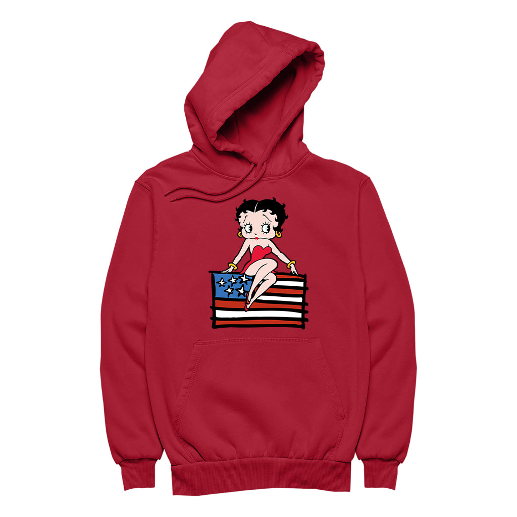 Americana Posing with the Stars & Stripes Flag Women's Hooded Sweatshirt-Betty Boop Shop
