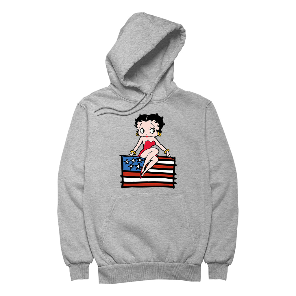 Americana Posing with the Stars & Stripes Flag Women's Hooded Sweatshirt