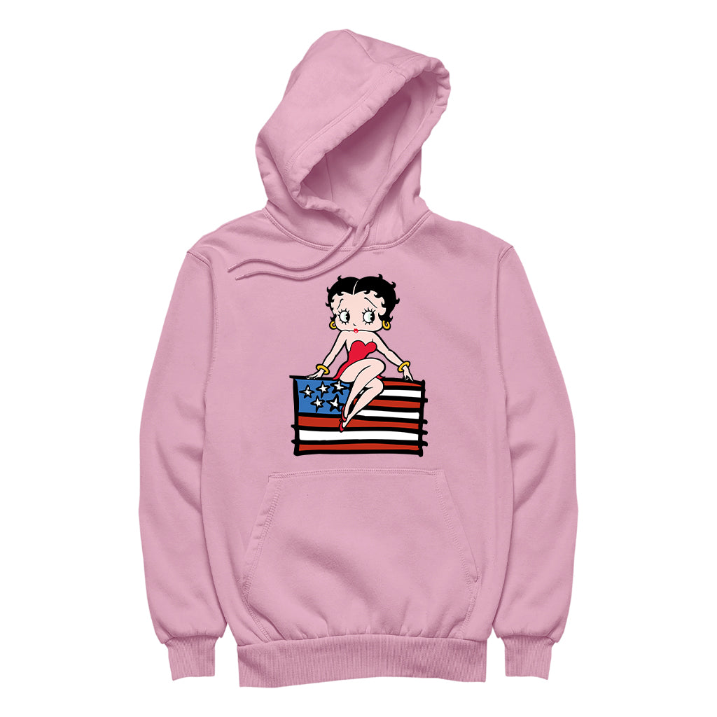 Americana Posing with the Stars & Stripes Flag Women's Hooded Sweatshirt-Betty Boop Shop