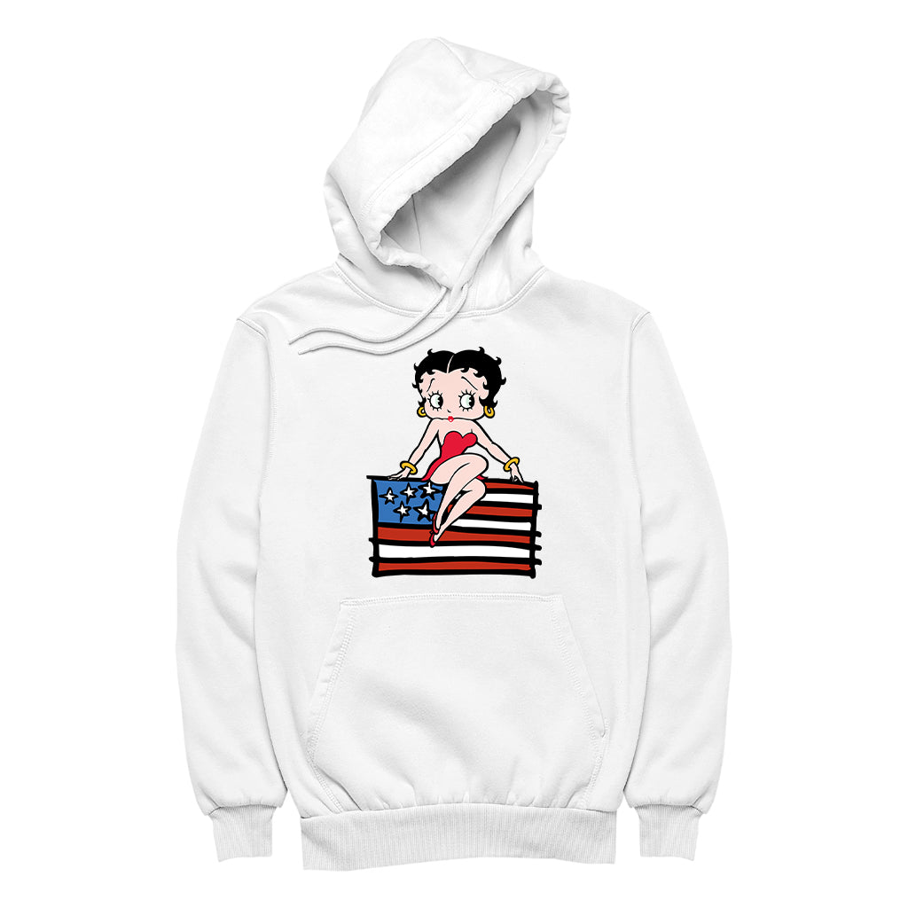 Americana Posing with the Stars & Stripes Flag Women's Hooded Sweatshirt-Betty Boop Shop