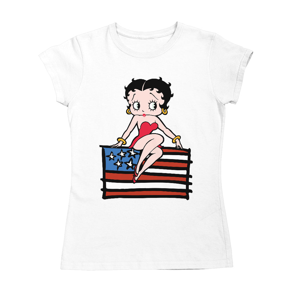 Americana Posing with the Stars & Stripes Flag Women's T-Shirt