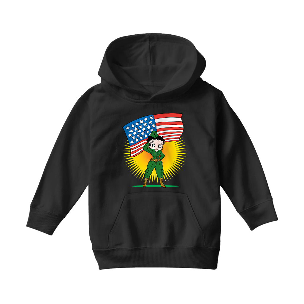 Betty Boop USA Patriotic Army Girl Kids Hooded Sweatshirt