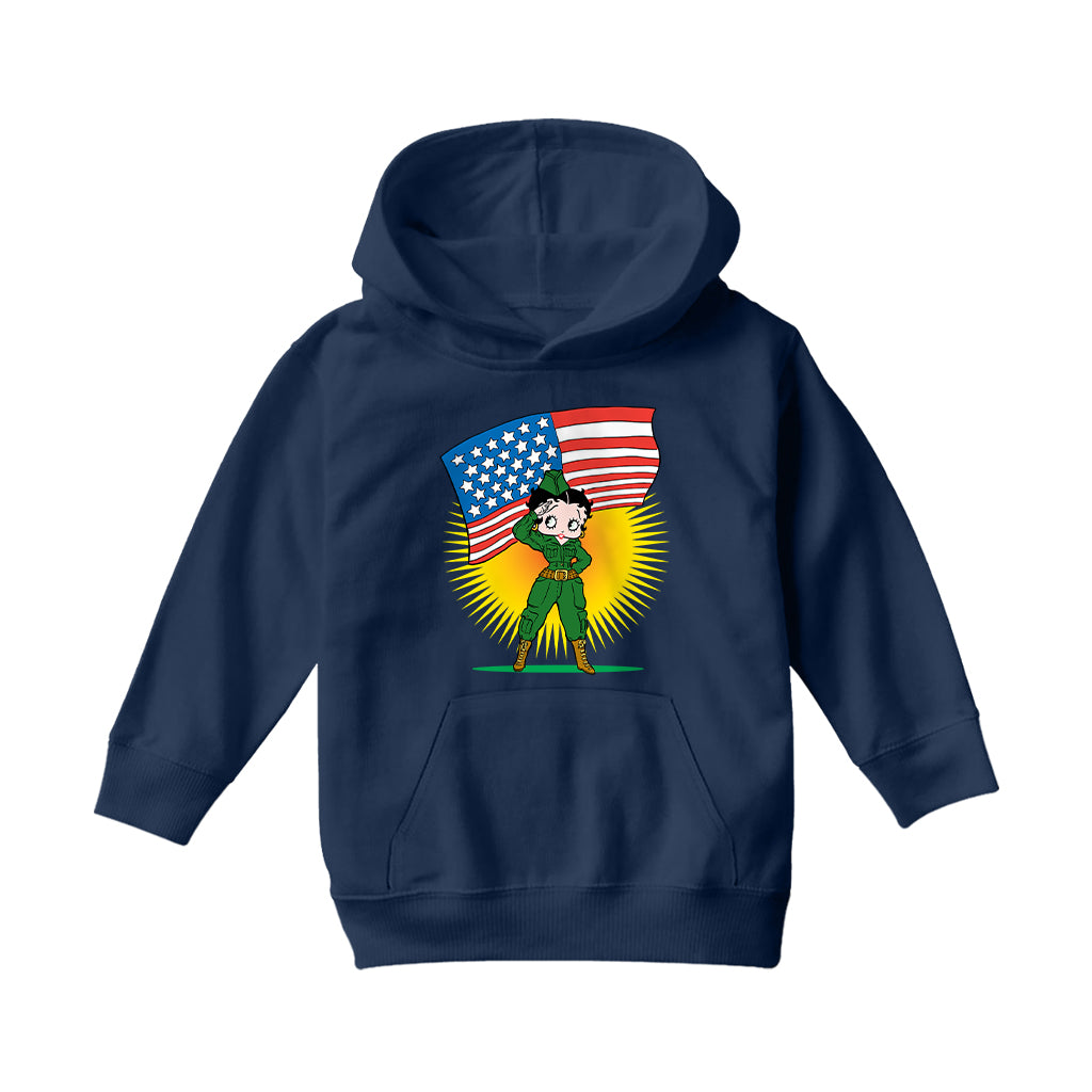 Betty Boop USA Patriotic Army Girl Kids Hooded Sweatshirt-Betty Boop Shop