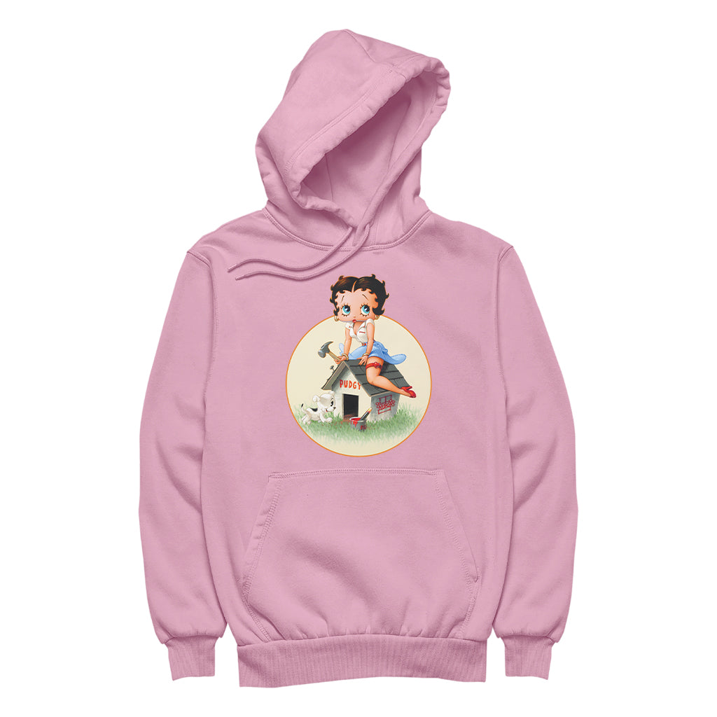 Betty Boop Pin-Up Building Pudgy Doghouse Men's Hooded Sweatshirt-Betty Boop Shop
