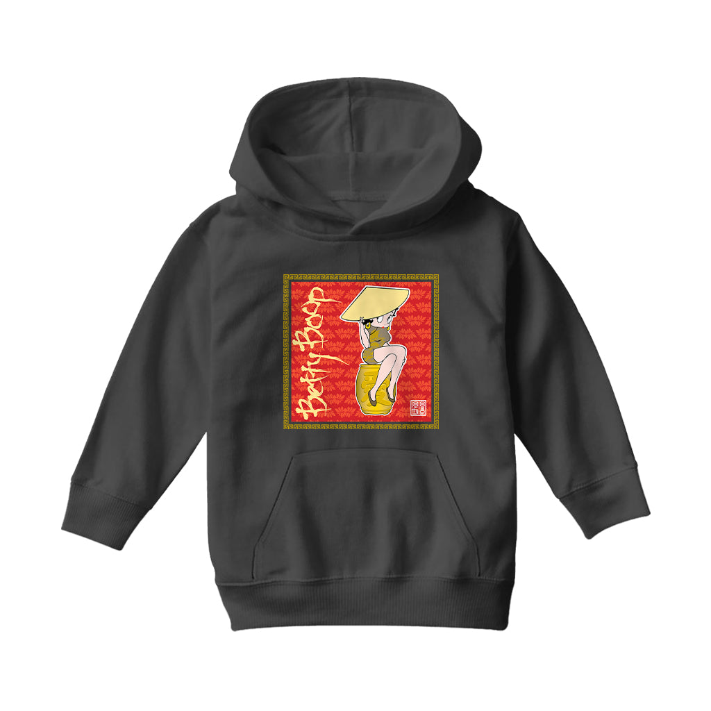 Betty Boop Red Lotus Flower on Barrel Kids Hooded Sweatshirt