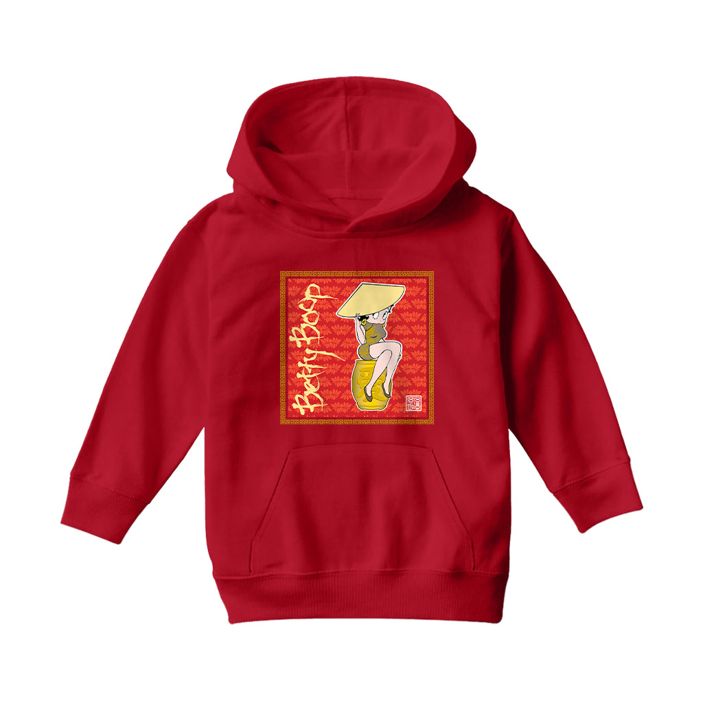 Betty Boop Red Lotus Flower on Barrel Kids Hooded Sweatshirt