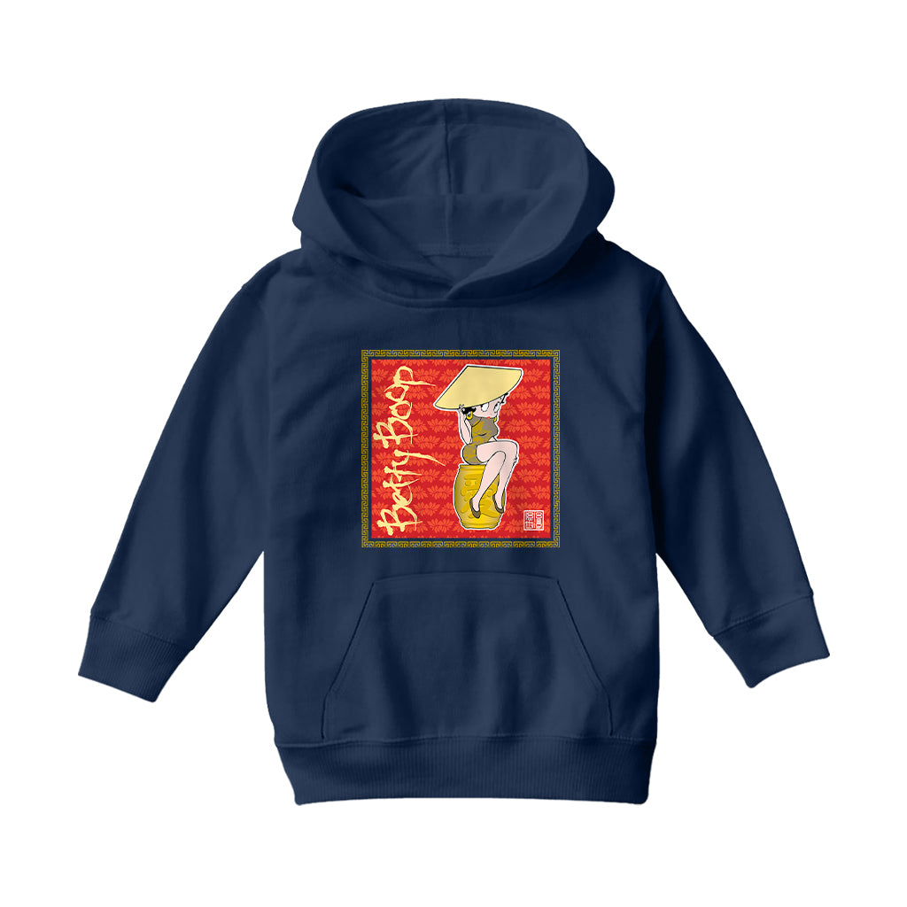 Betty Boop Red Lotus Flower on Barrel Kids Hooded Sweatshirt