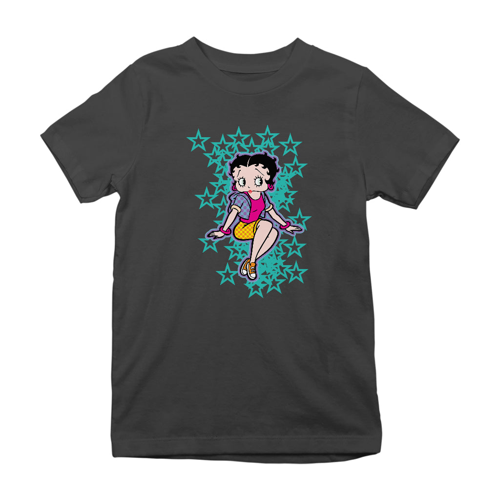 Betty Boop Sitting with Turquoise Stars Kids T-Shirt