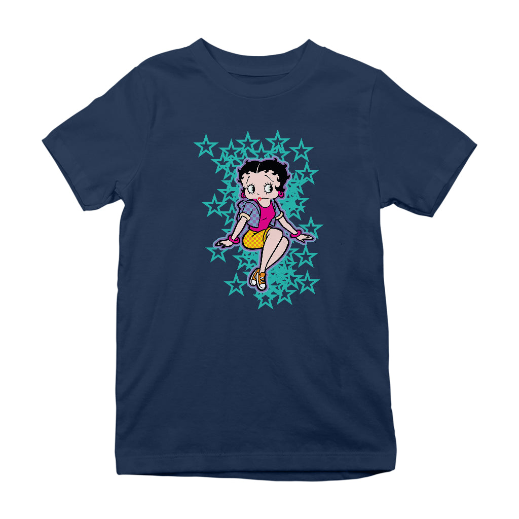 Betty Boop Sitting with Turquoise Stars Kids T-Shirt