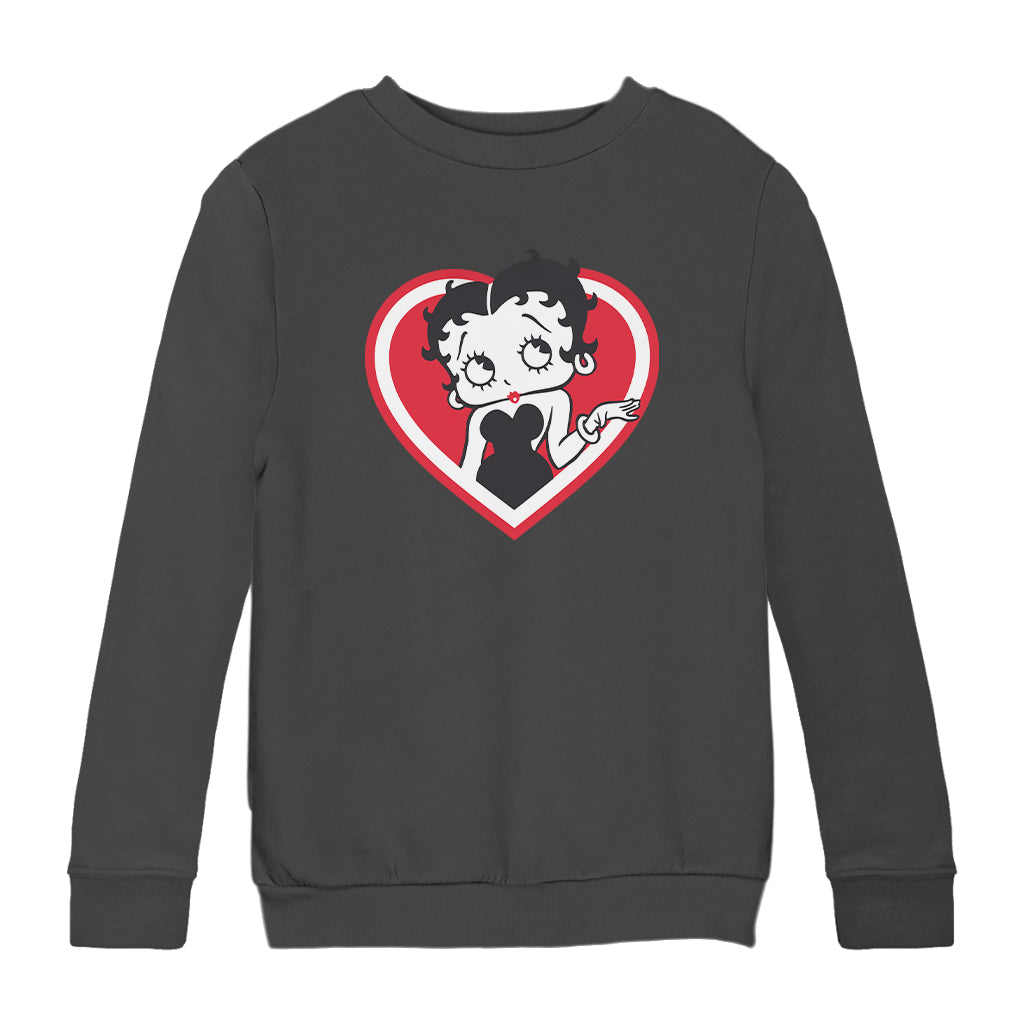 Betty Boop White and Red Heart Cute Thinking Pose Kids Sweatshirt