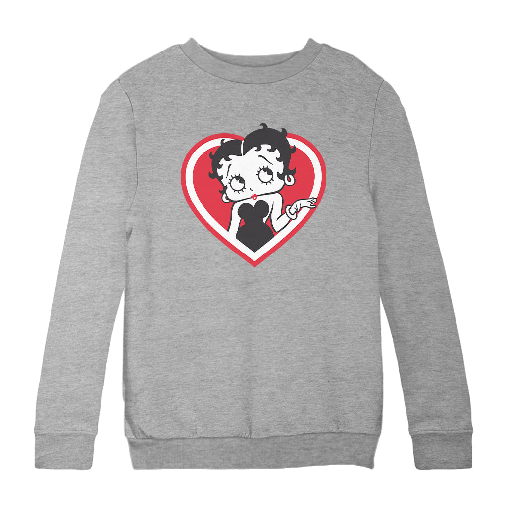 Betty Boop White and Red Heart Cute Thinking Pose Kids Sweatshirt