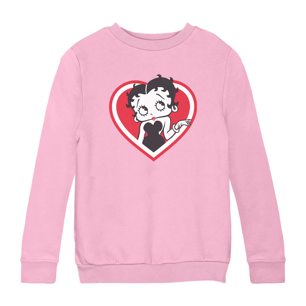 Betty Boop White and Red Heart Cute Thinking Pose Kids Sweatshirt