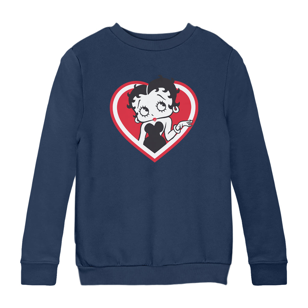 Betty Boop White and Red Heart Cute Thinking Pose Kids Sweatshirt