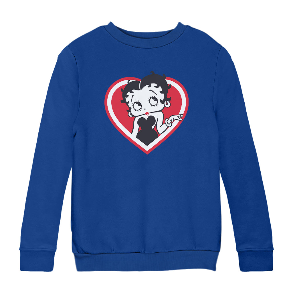 Betty Boop White and Red Heart Cute Thinking Pose Kids Sweatshirt