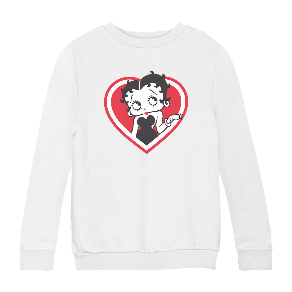 Betty Boop White and Red Heart Cute Thinking Pose Kids Sweatshirt