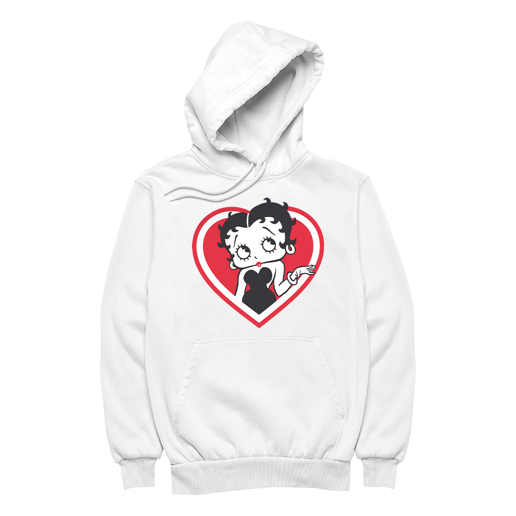 Betty Boop White and Red Heart Cute Thinking Pose Women's Hooded Sweatshirt