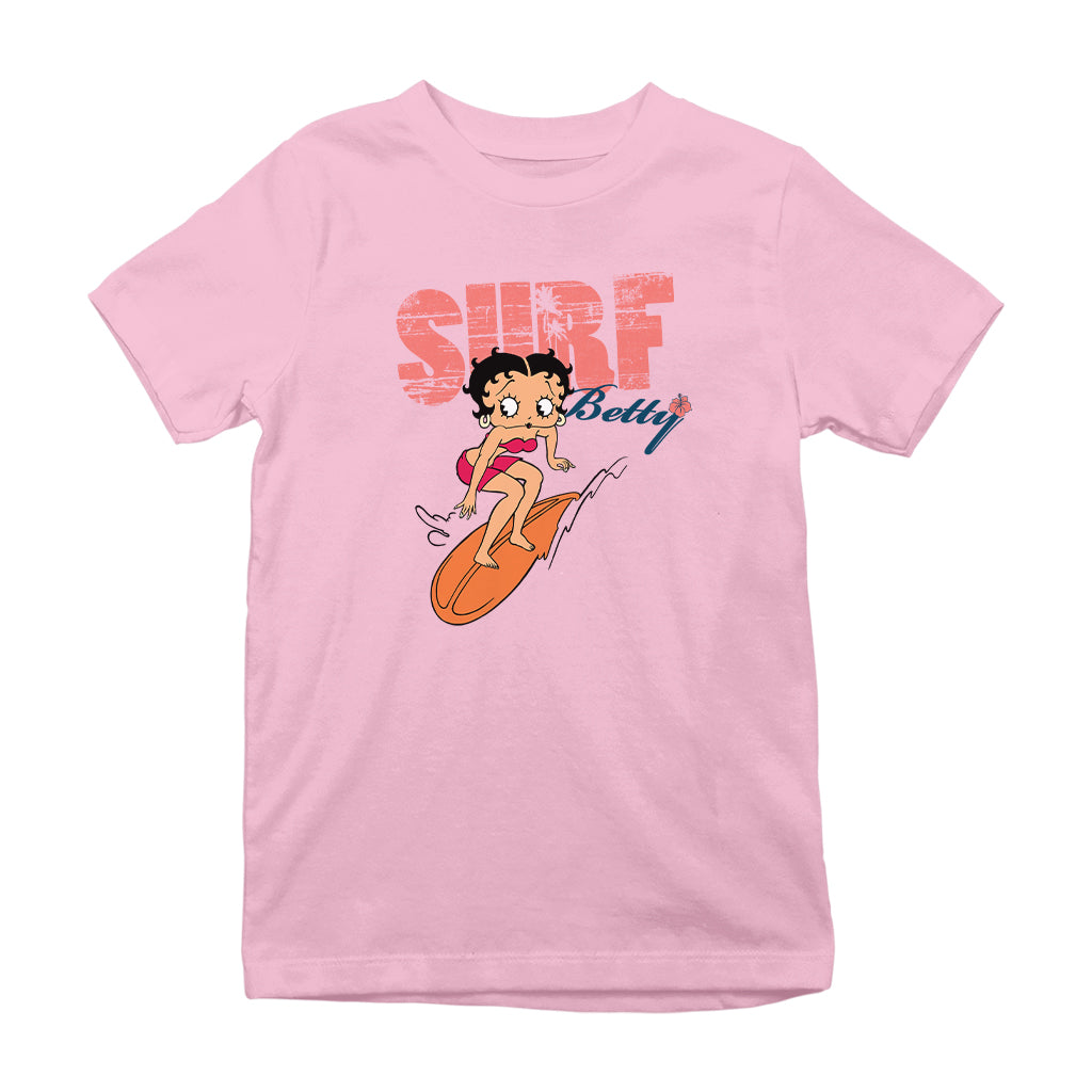 Betty Boop Surf Betty Riding Orange Board Kids T-Shirt