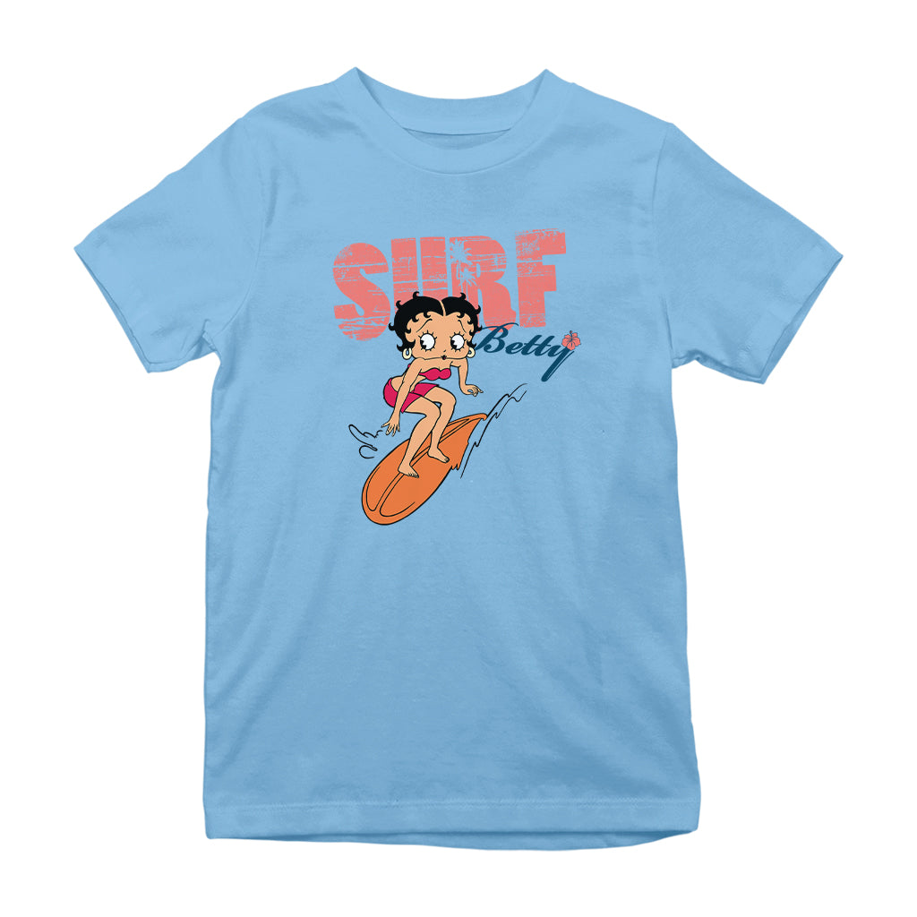 Betty Boop Surf Betty Riding Orange Board Kids T-Shirt