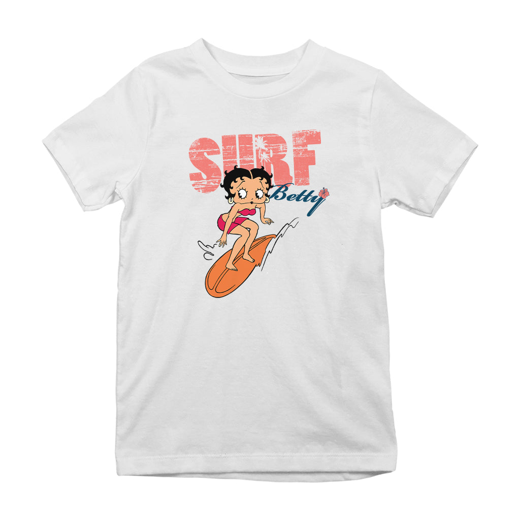 Betty Boop Surf Betty Riding Orange Board Kids T-Shirt