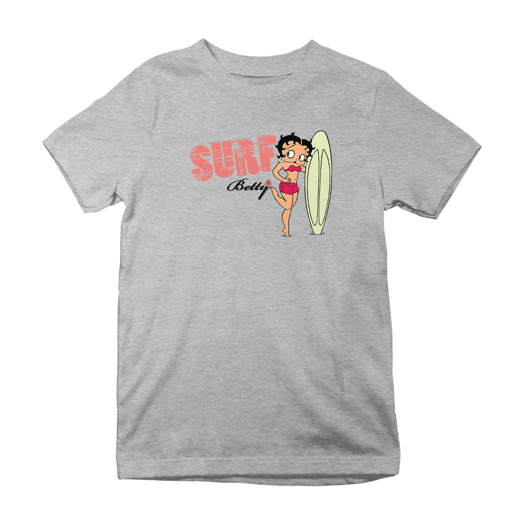 Betty Boop Surf Pale Green Board Pose Kids T-Shirt