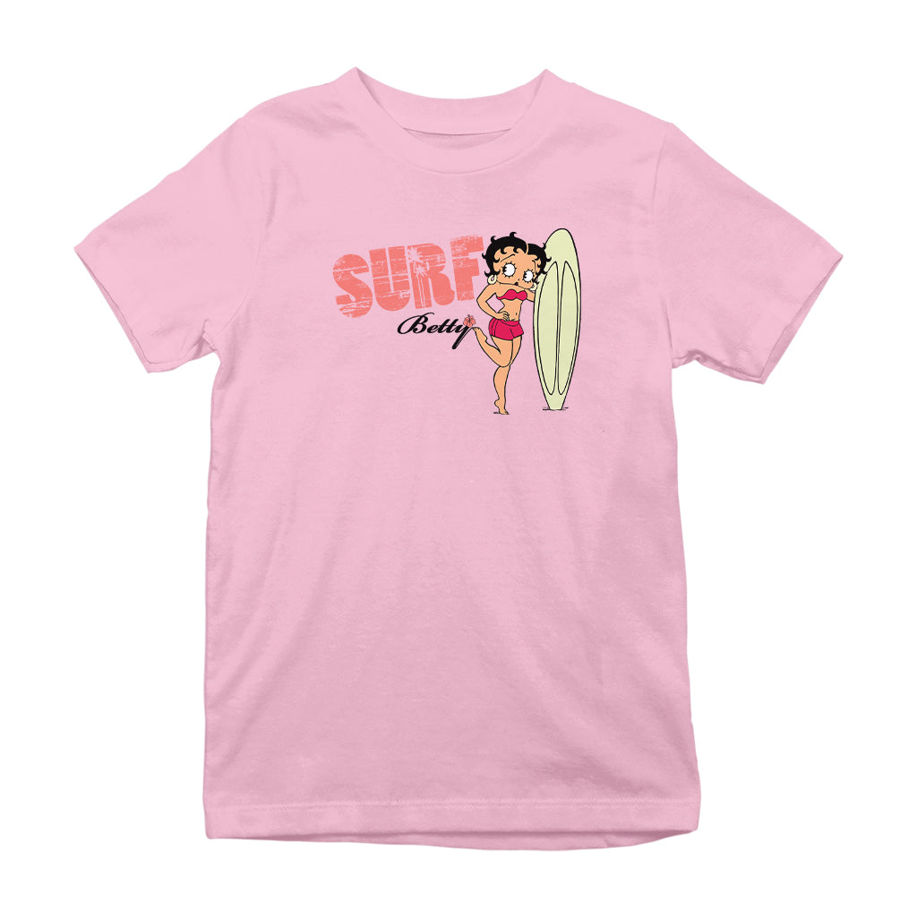 Betty Boop Surf Pale Green Board Pose Kids T-Shirt