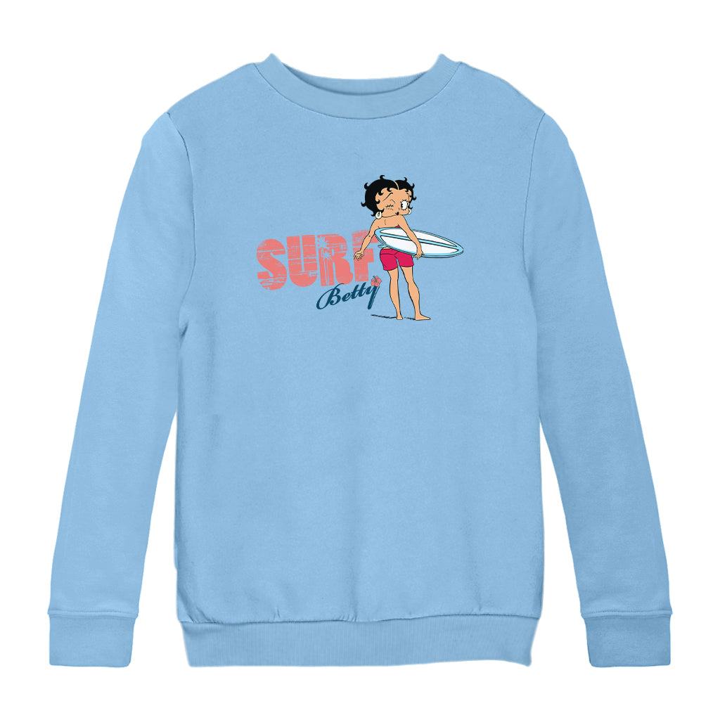 Betty Boop Surf White And Blue Board Kids Sweatshirt