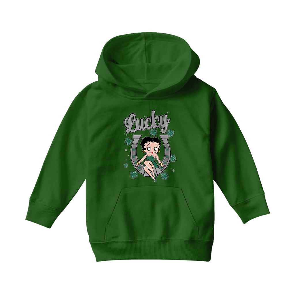 Betty Boop St Patrick's Day Lucky Horseshoe With Cloves Kids Hooded Sweatshirt