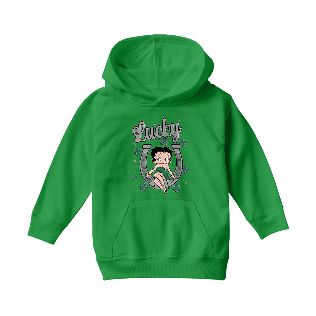 Betty Boop St Patrick's Day Lucky Horseshoe With Cloves Kids Hooded Sweatshirt