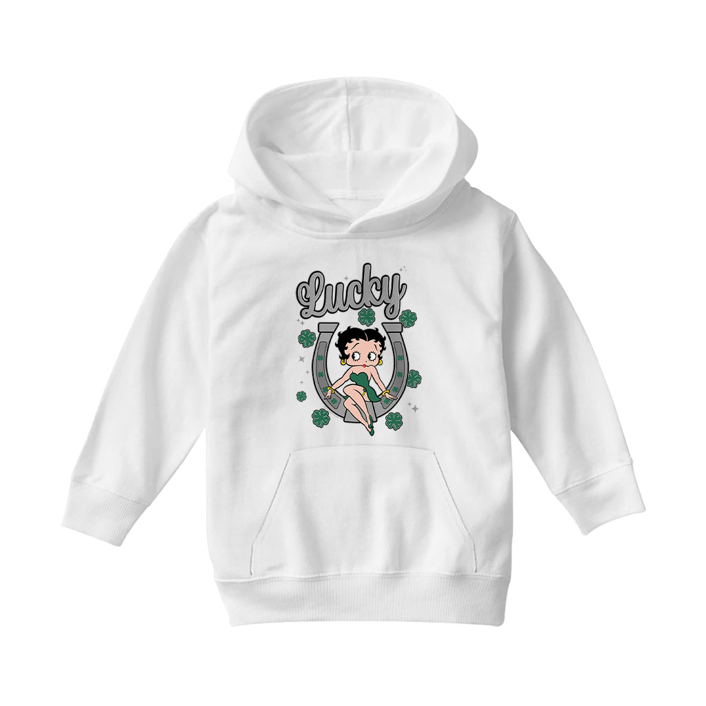 Betty Boop St Patrick's Day Lucky Horseshoe With Cloves Kids Hooded Sweatshirt