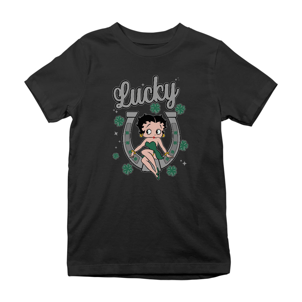 Betty Boop St Patrick's Day Lucky Horseshoe With Cloves Kids T-Shirt