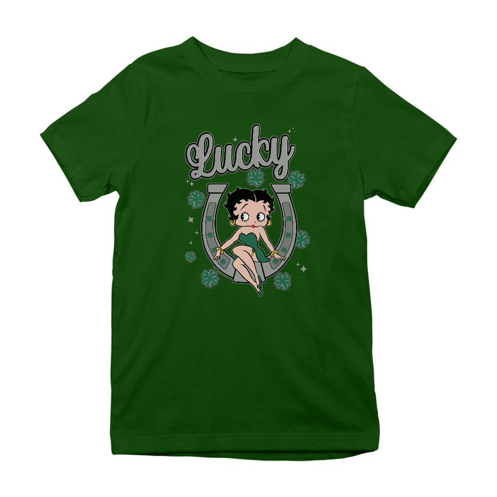 Betty Boop St Patrick's Day Lucky Horseshoe With Cloves Kids T-Shirt