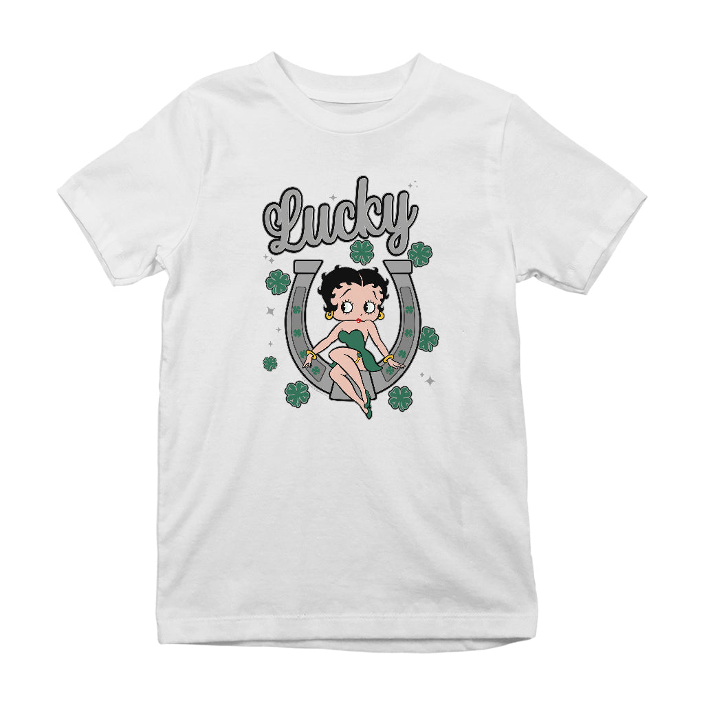 Betty Boop St Patrick's Day Lucky Horseshoe With Cloves Kids T-Shirt