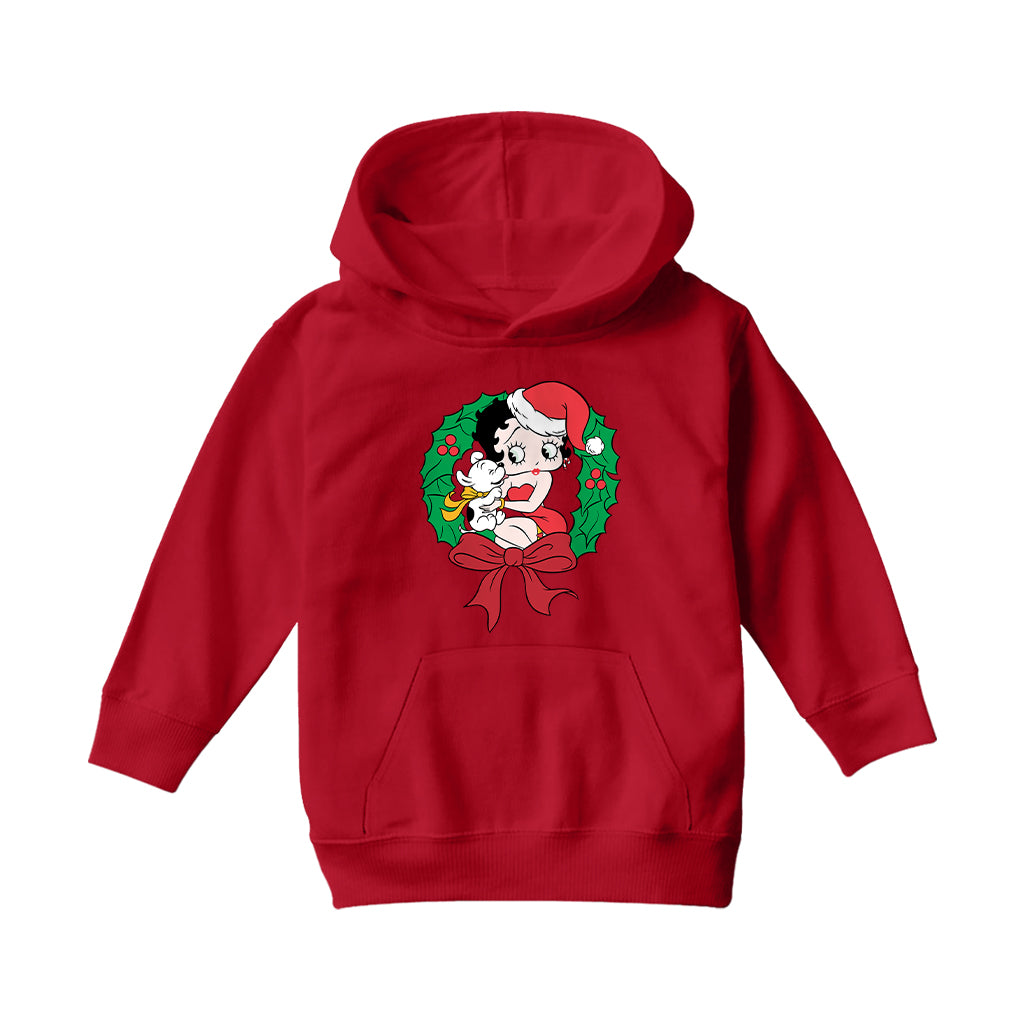 Betty Boop Christmas Pudgy Wreath Kids Hooded Sweatshirt-Betty Boop Shop
