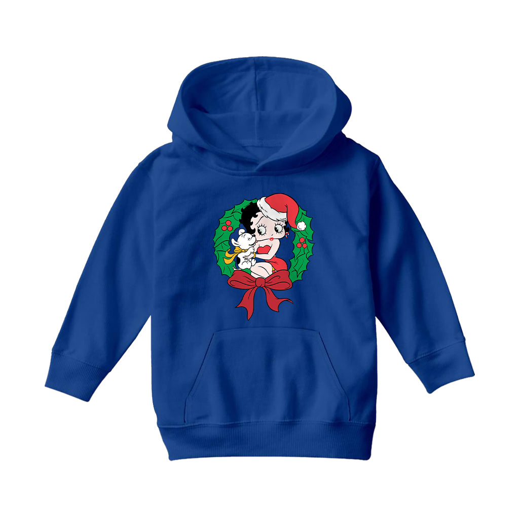 Betty Boop Christmas Pudgy Wreath Kids Hooded Sweatshirt-Betty Boop Shop
