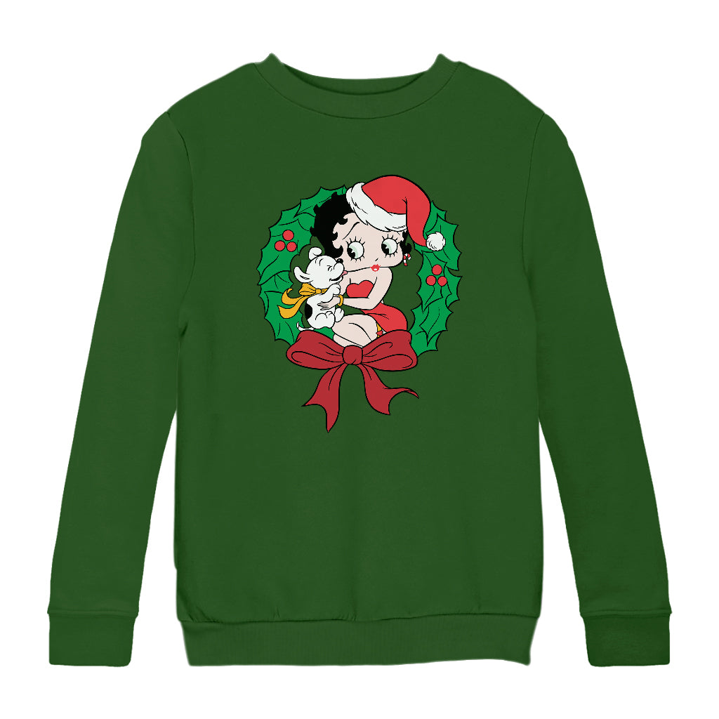 Betty Boop Christmas Pudgy Wreath Kids Sweatshirt-Betty Boop Shop