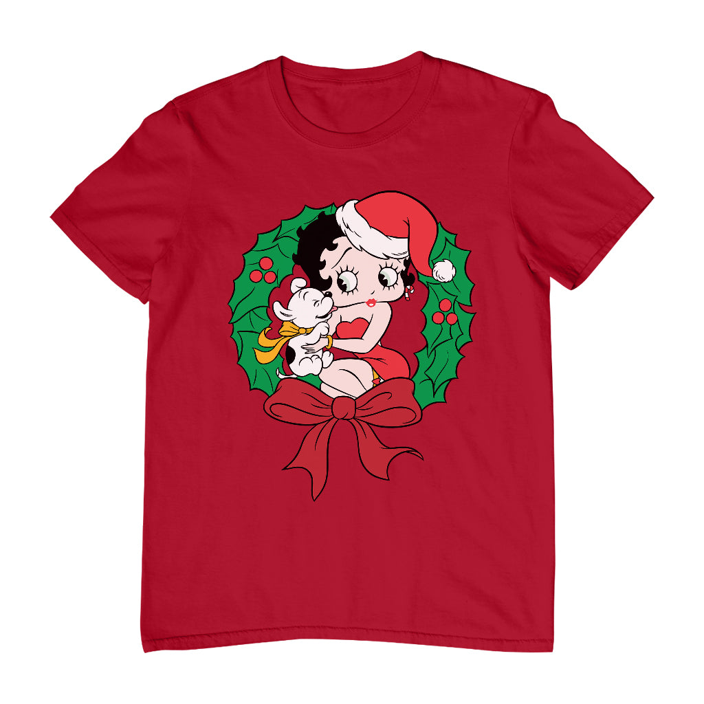 Betty Boop Christmas Pudgy Wreath Men's T-Shirt-Betty Boop Shop