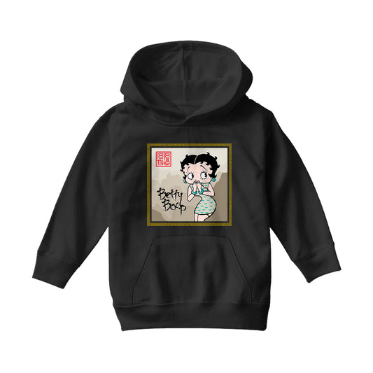 Betty Boop Jade bangles and Mountains Background Kids Hooded Sweatshirt