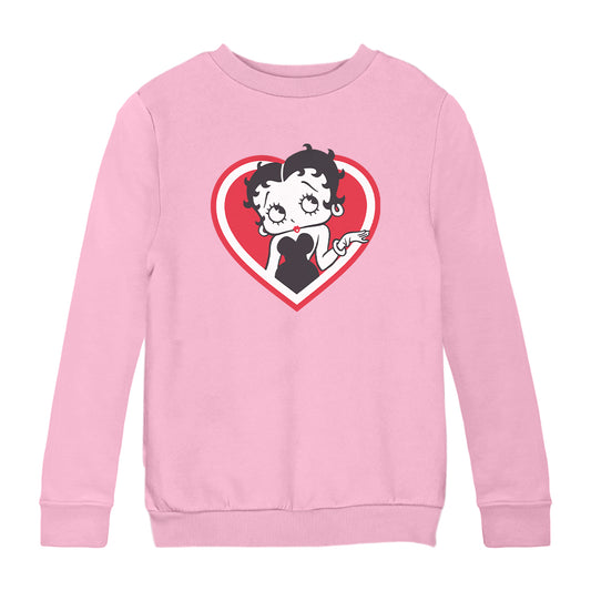 Betty Boop White and Red Heart Cute Thinking Pose Kids Sweatshirt