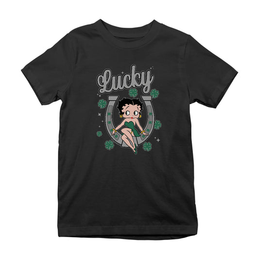 Betty Boop St Patrick's Day Lucky Horseshoe With Cloves Kids T-Shirt