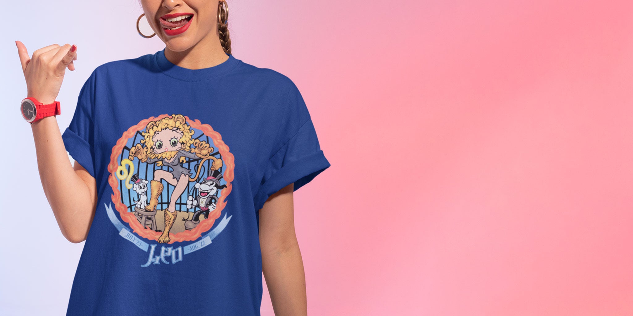 A glamorous young woman wearing an official Betty Boop Libra t-shirt 